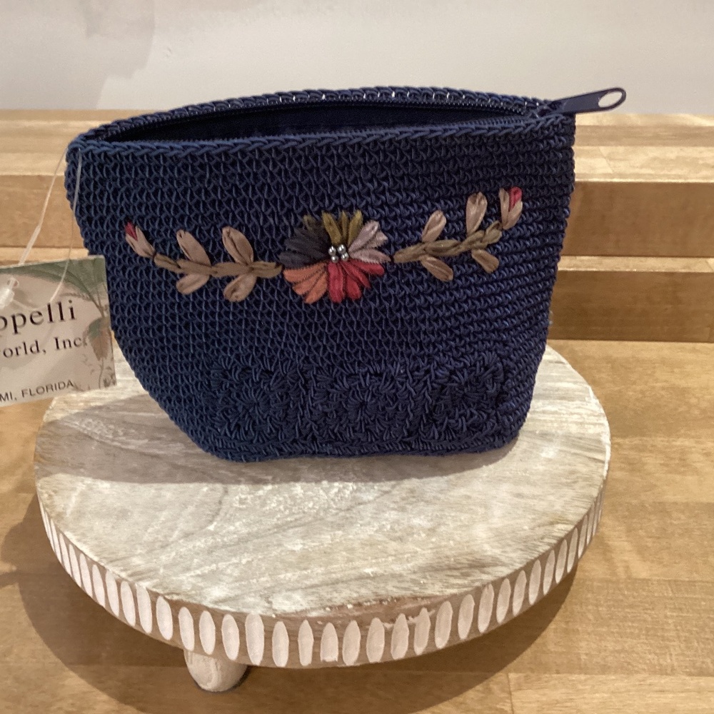 Cappelli Navy Crocheted Small Bag w/ Decorative Ribbon Floral Design NWT